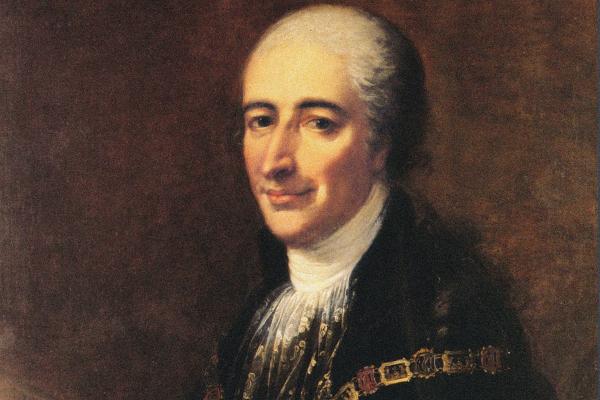 This historical painting features a man with a white powdered wig, dressed in fine black attire with gold accents and a chain of office, classic and refined.