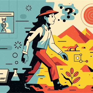 Illustration: Eine Forscherin schreitet aus ihrem Labor hinein in die Wüste | © KMS-TEAM / LMU Illustration: Eine Forscherin schreitet aus ihrem Labor hinein in die Wüste